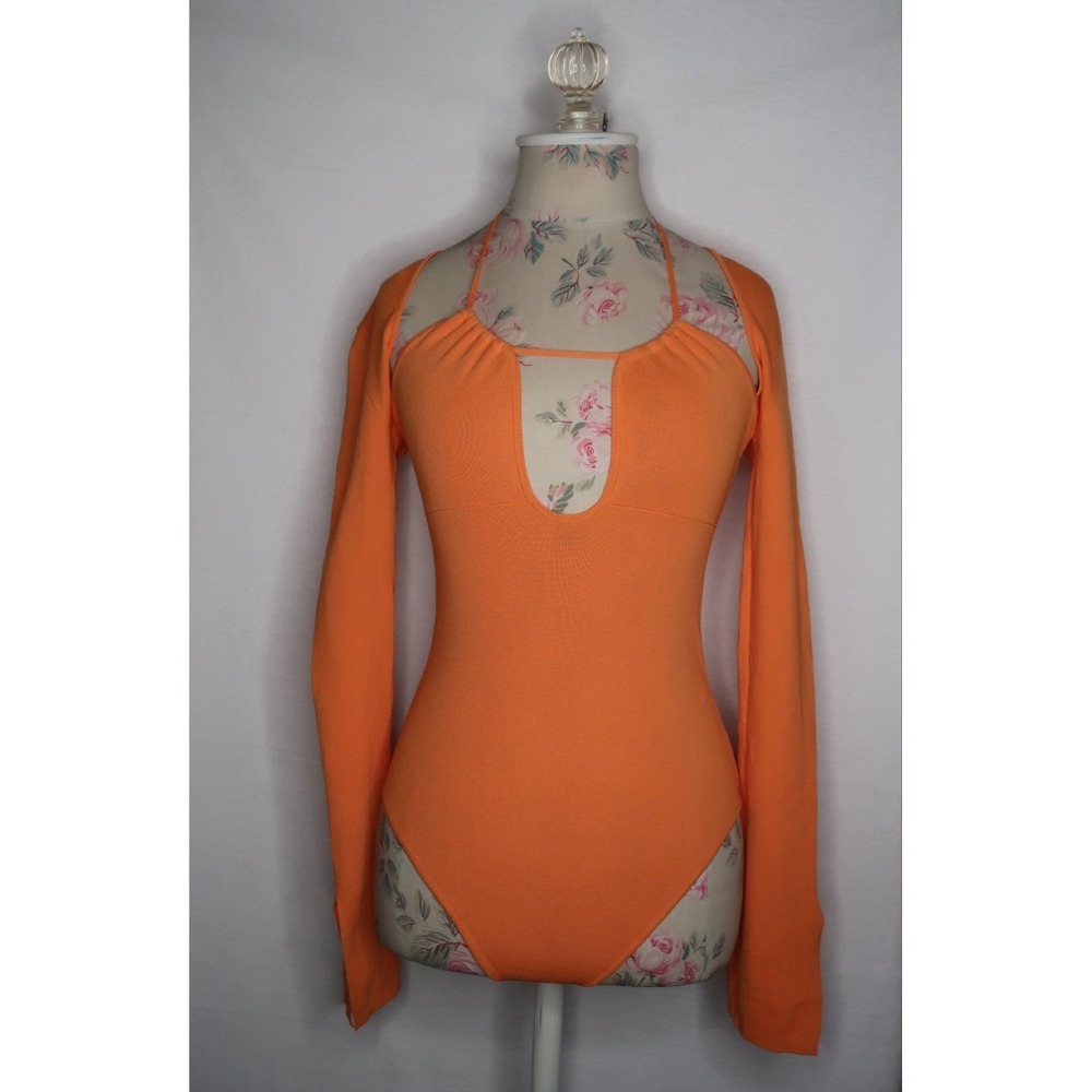 Zara Orange Cutout Bodysuit Women's M Ribbed Y2K Festival Clubwear Rave EUC